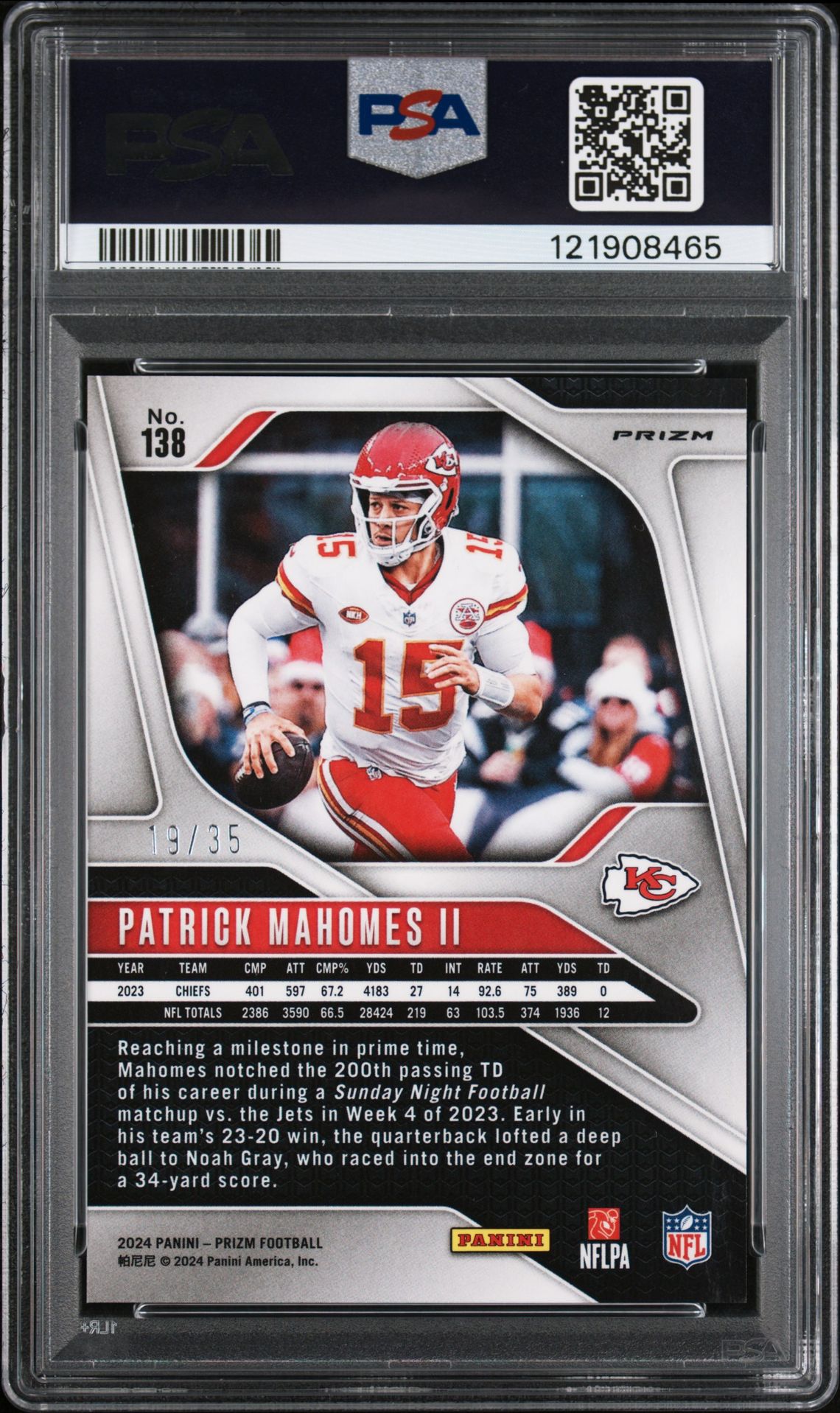 2024 Panini Prizm Patrick Mahomes Ii #138 (White Prizm) Gem Mt 10 back