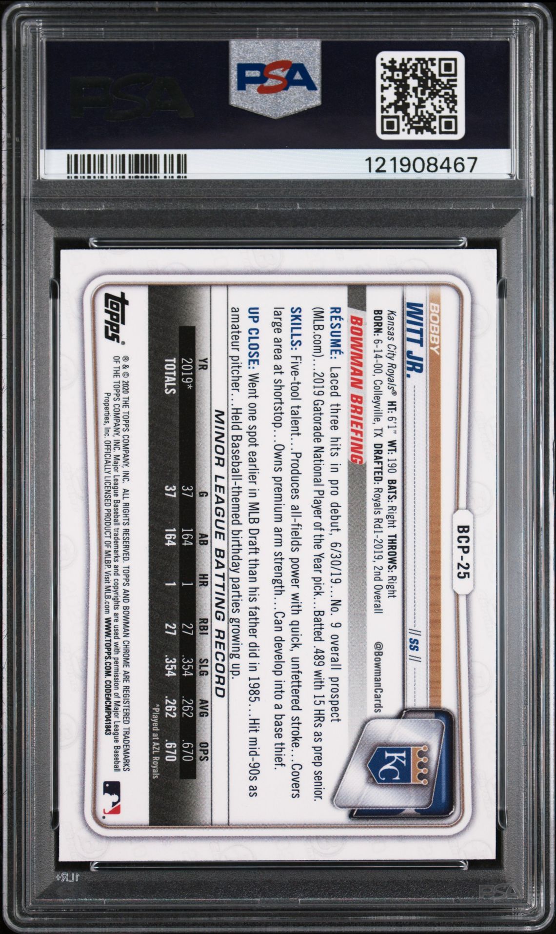 2020 Bowman Chrome Sapphire Edition Bobby Witt Jr. #Bcp25 (Sapphire Edition) Gem Mt 10 back