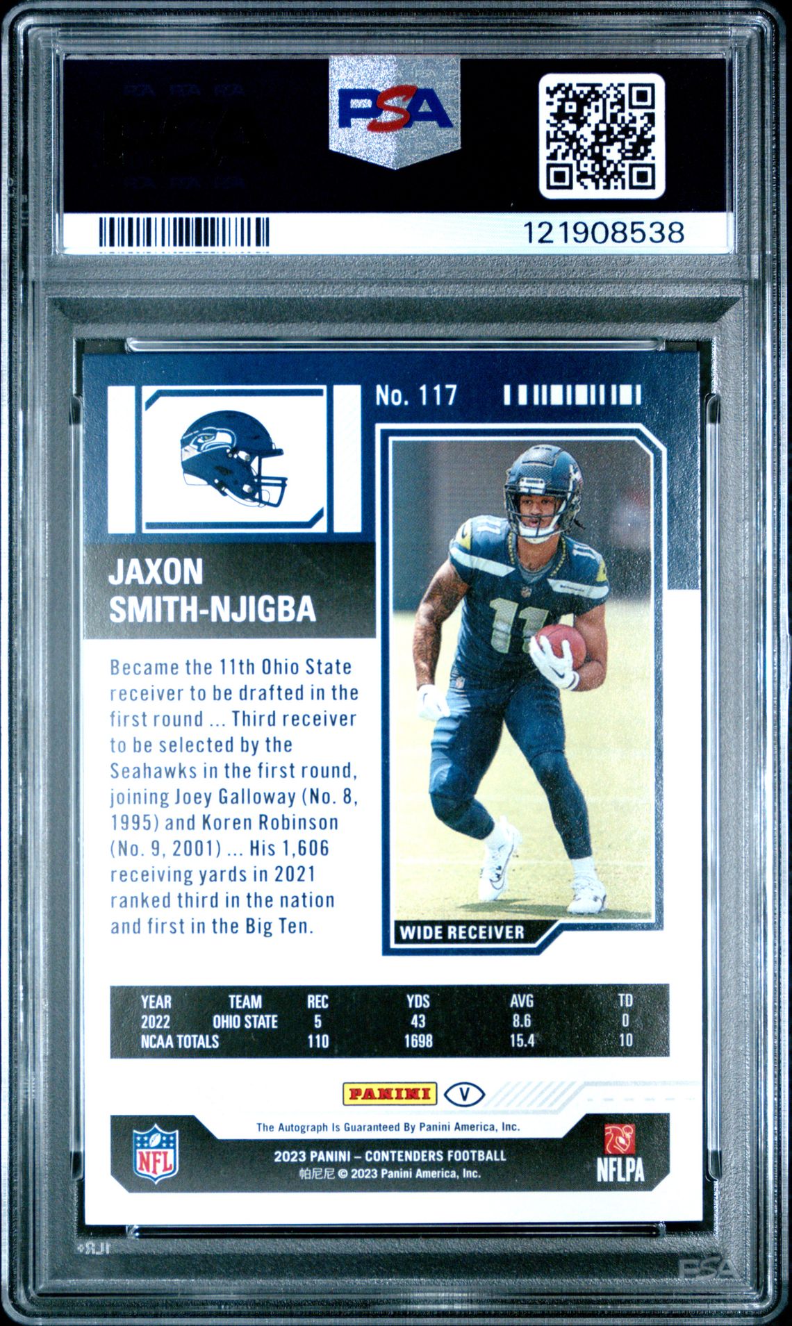 2023 Panini Contenders Jaxon Smith-Njigba #117 (Variation-Au-Red Zone Fotl) Gem Mt 10 back
