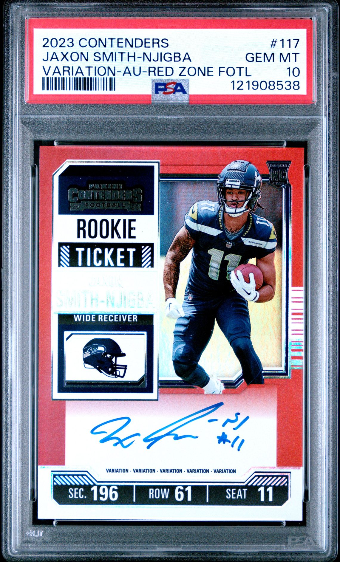 2023 Panini Contenders Jaxon Smith-Njigba #117 (Variation-Au-Red Zone Fotl) Gem Mt 10 front