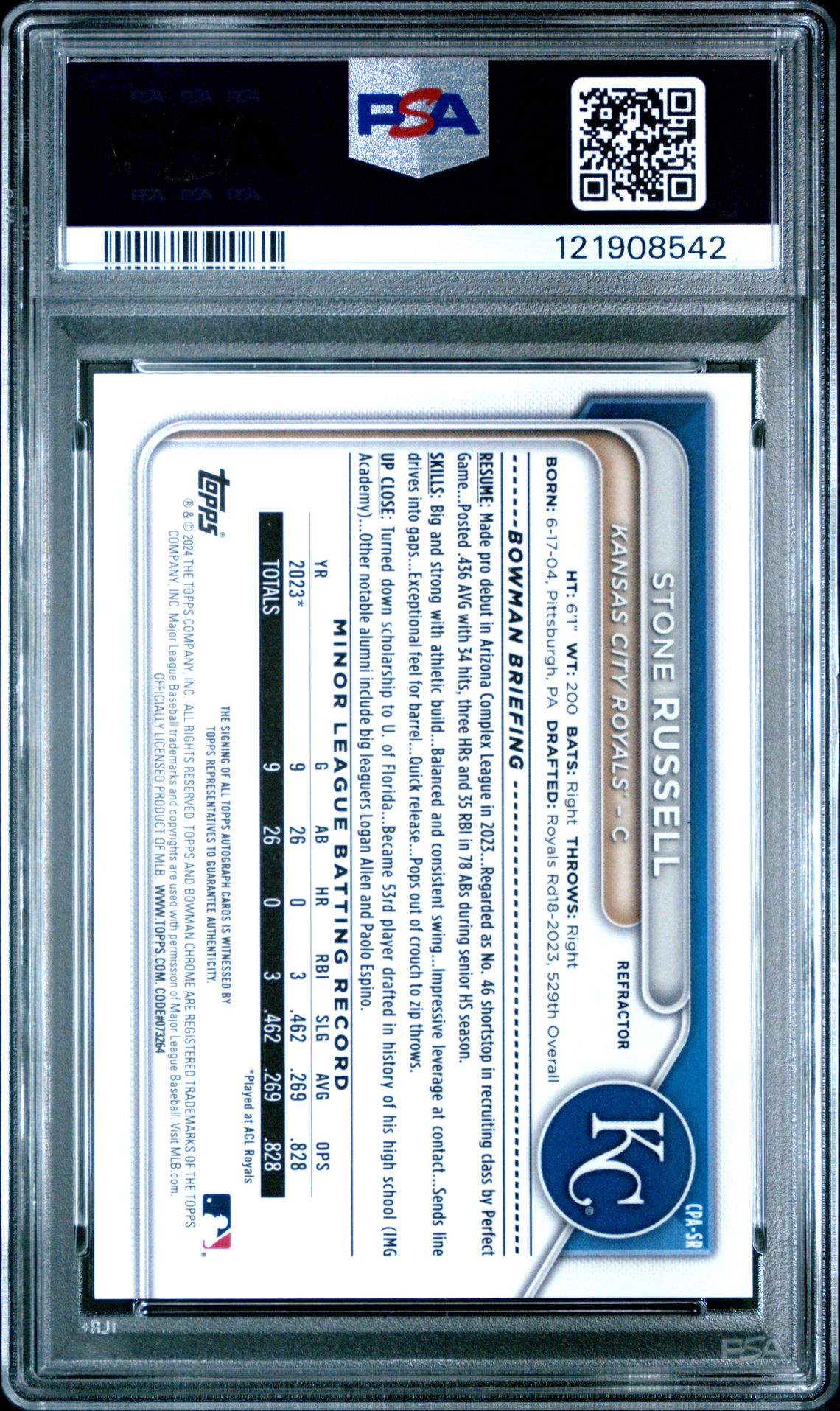 2024 Bowman Chrome Prospect Autographs Stone Russell #Cpasr (Prospect Auto-Refractor) Gem Mt 10 back