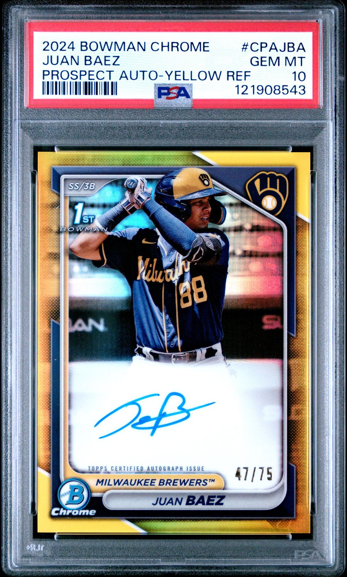 2024 Bowman Chrome Prospect Autographs Juan Baez #Cpajba (Prospect Auto-Yellow Ref) Gem Mt 10 front