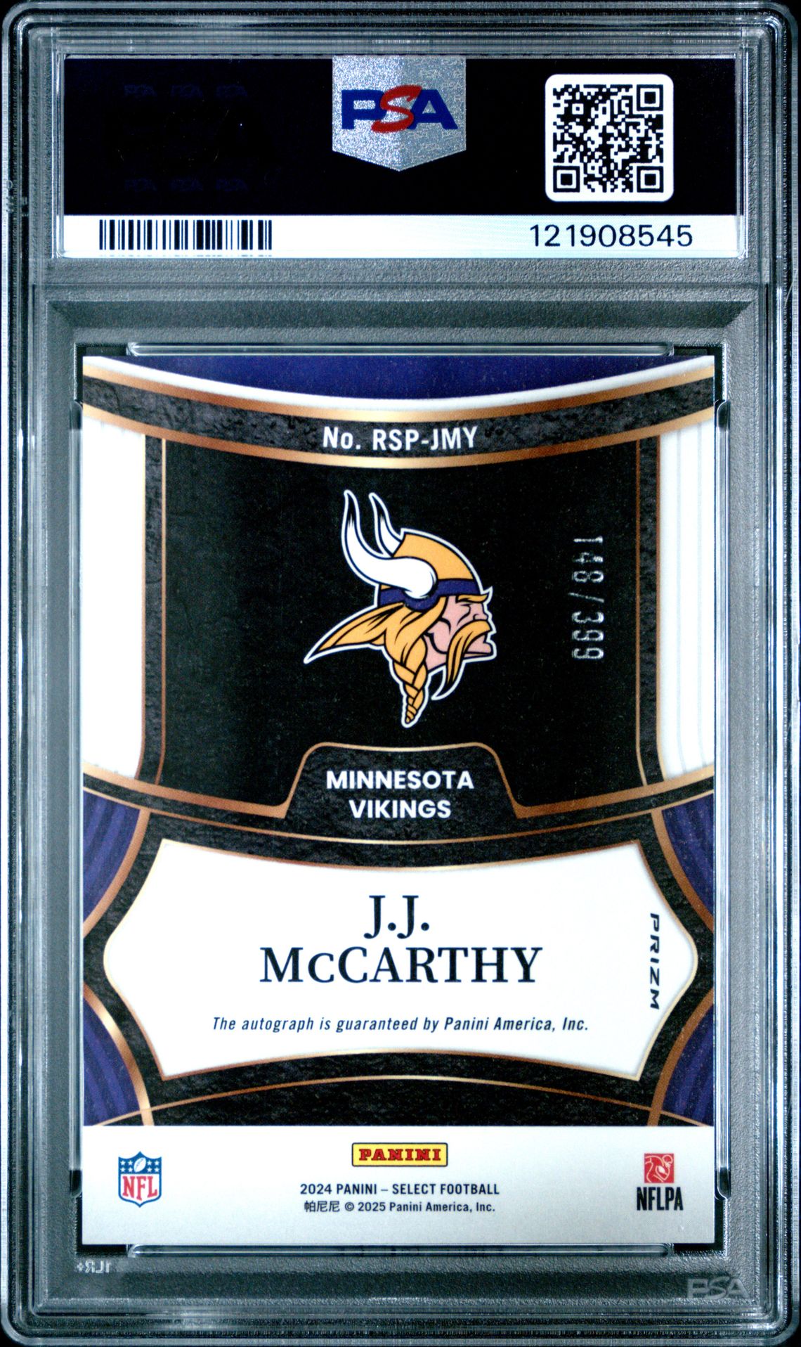 2024 Panini Select Rookie Signatures Jj Mccarthy #Rspjmy Gem Mt 10 back