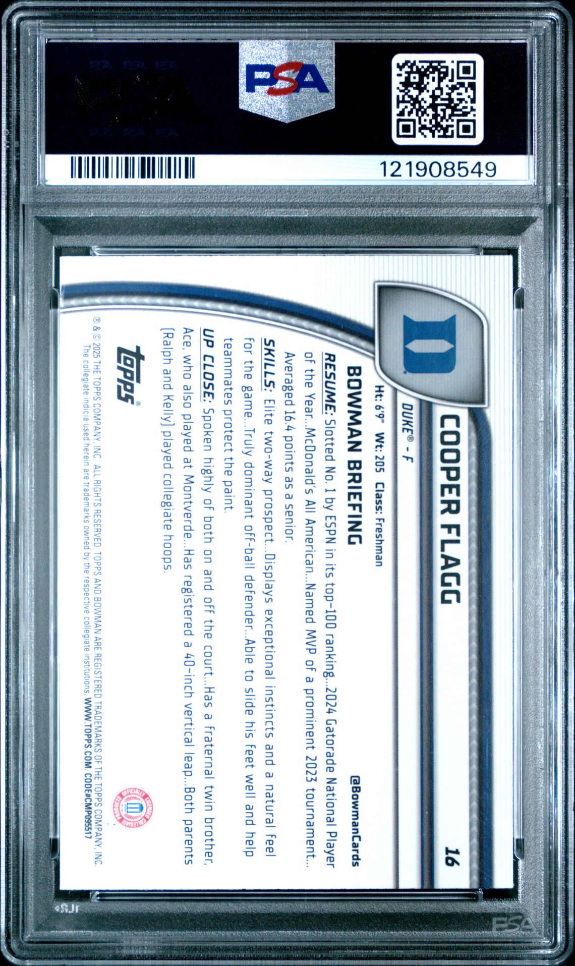 2024 Bowman Chrome University Cooper Flagg #16 (Green Shimmer) Gem Mt 10 back