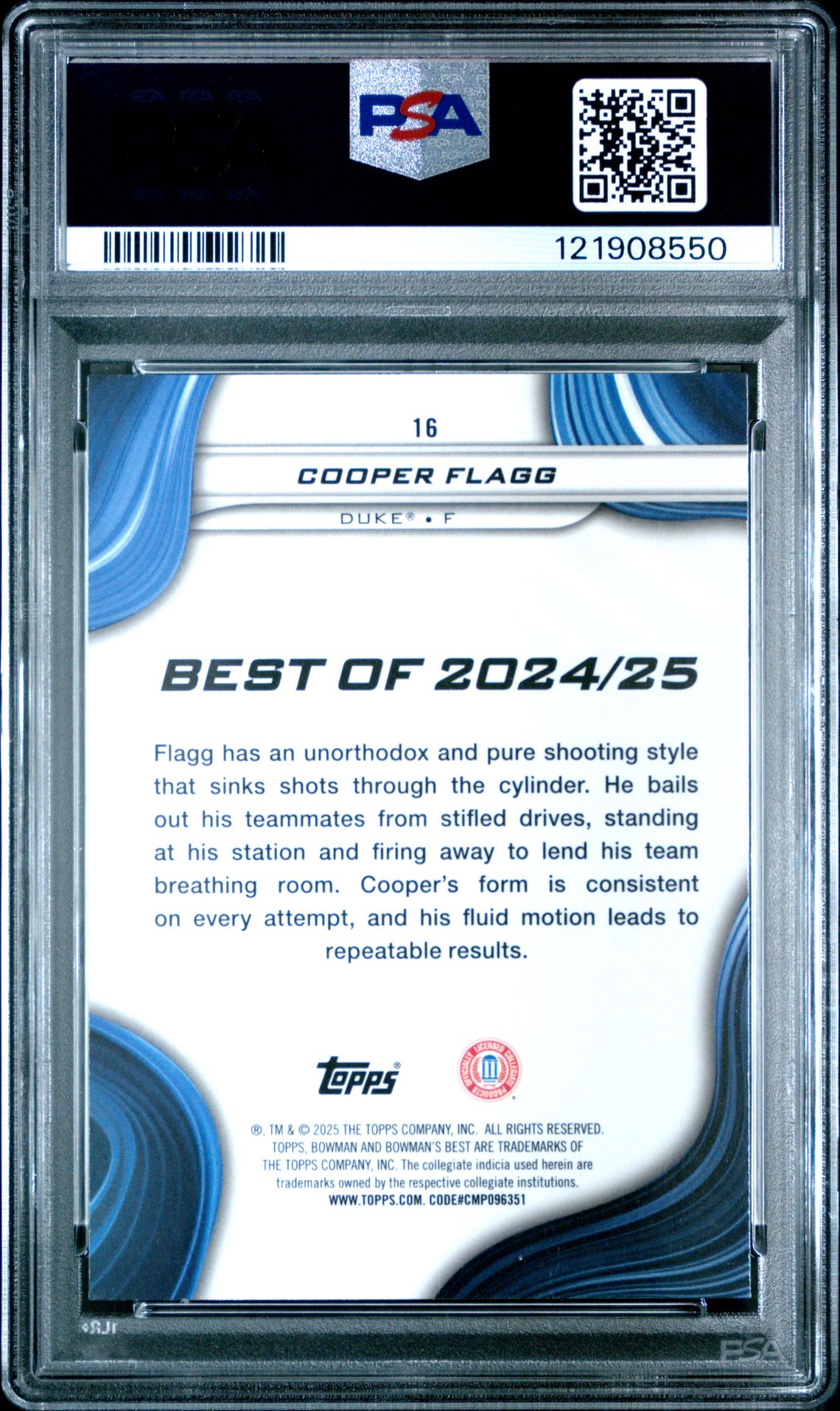 2024 Bowman University Best Cooper Flagg #16 Gem Mt 10 back
