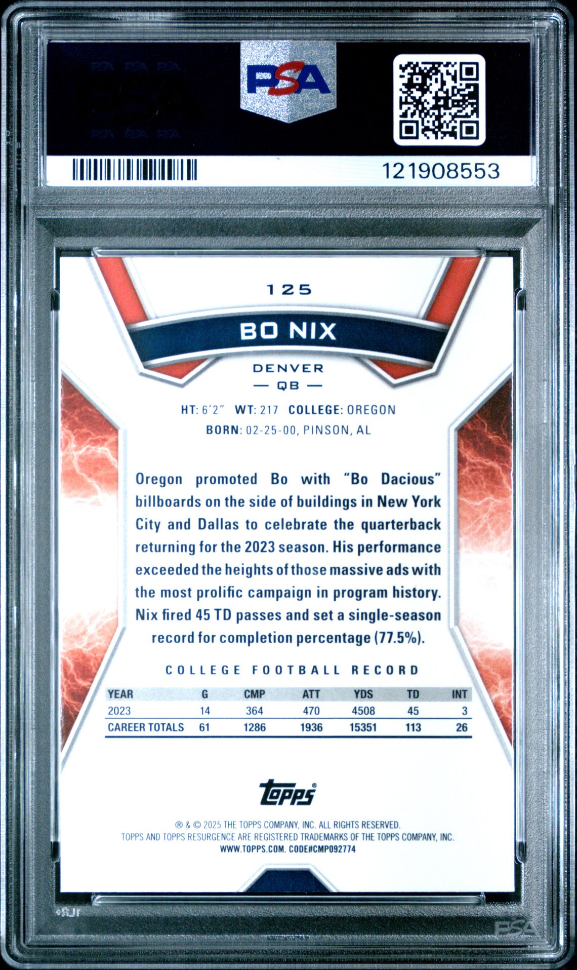 2024 Topps Resurgence Bo Nix #125 (Sky Blue & Pink Shock) Gem Mt 10 back