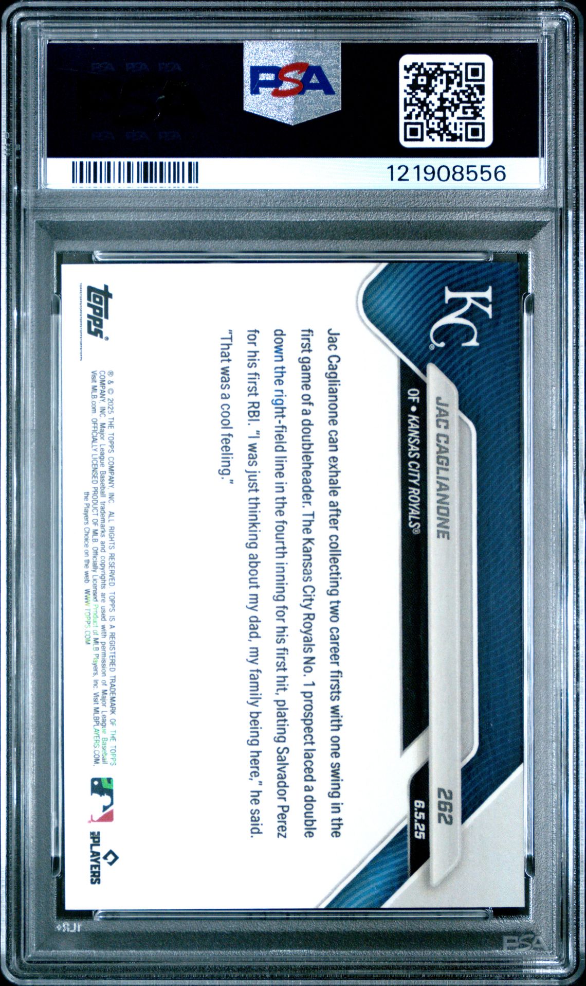 2025 Topps Now Jac Caglianone #262 Gem Mt 10 back