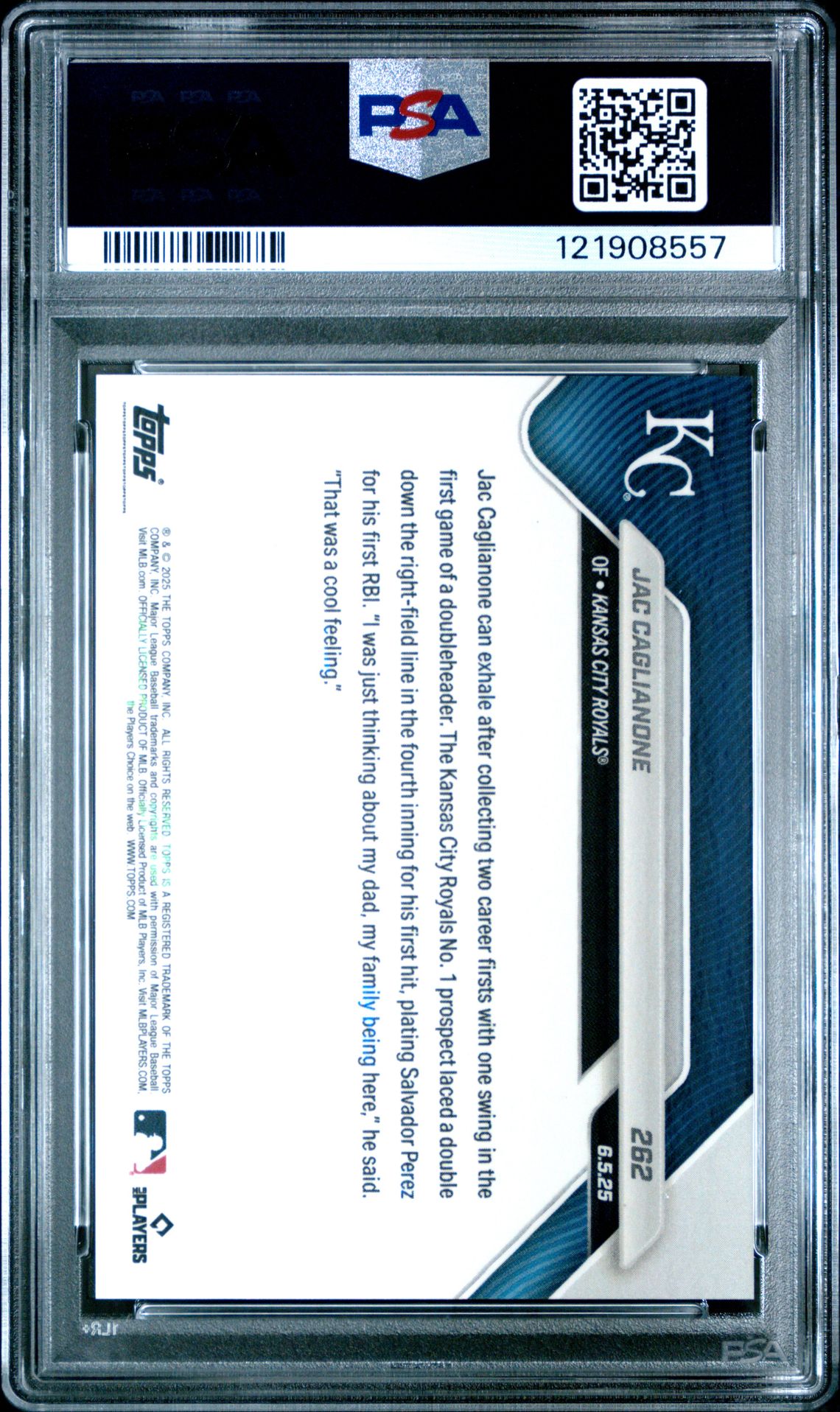 2025 Topps Now Jac Caglianone #262 Gem Mt 10 back