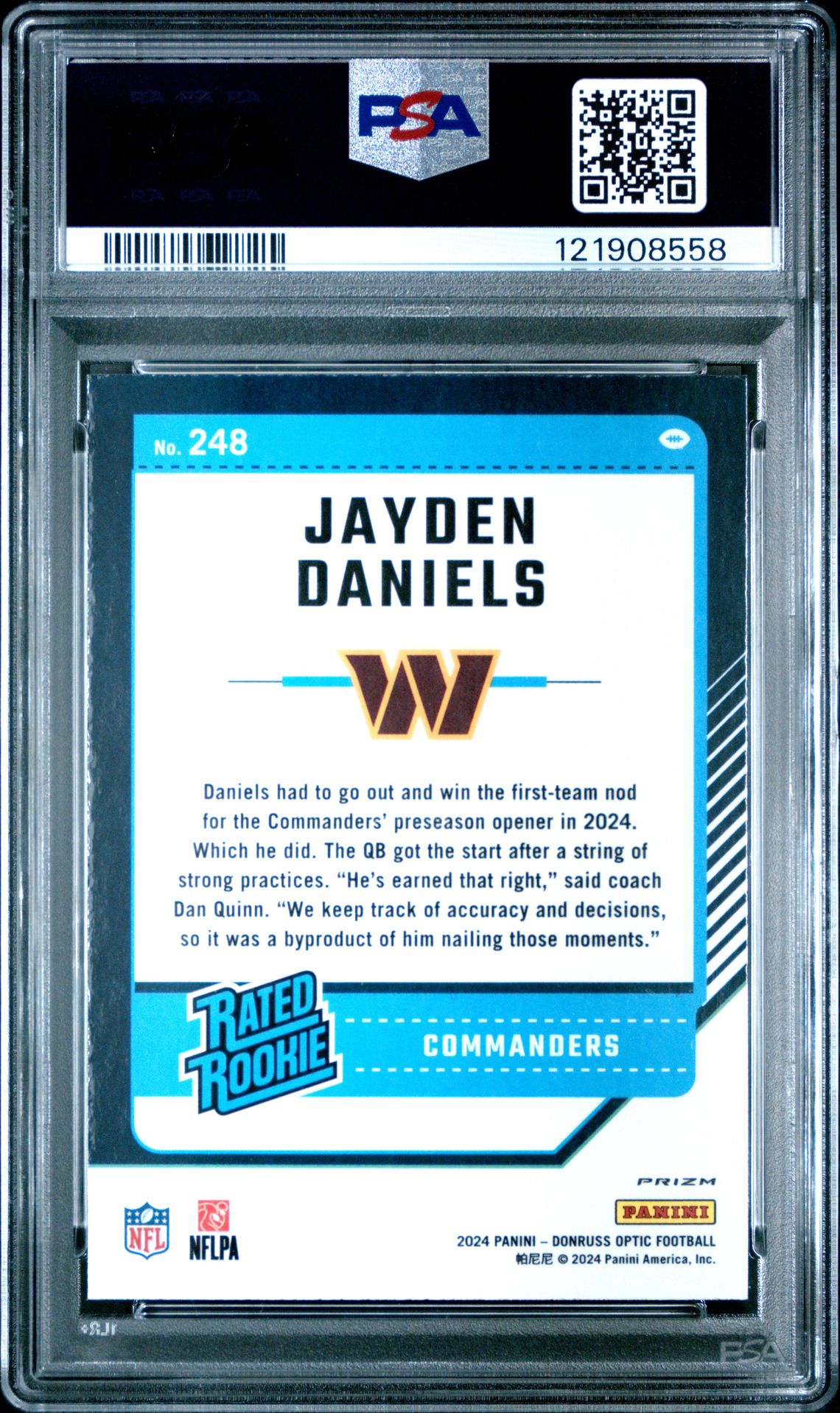 2024 Panini Donruss Optic Jayden Daniels #248 (Blue Hyper) Gem Mt 10 back