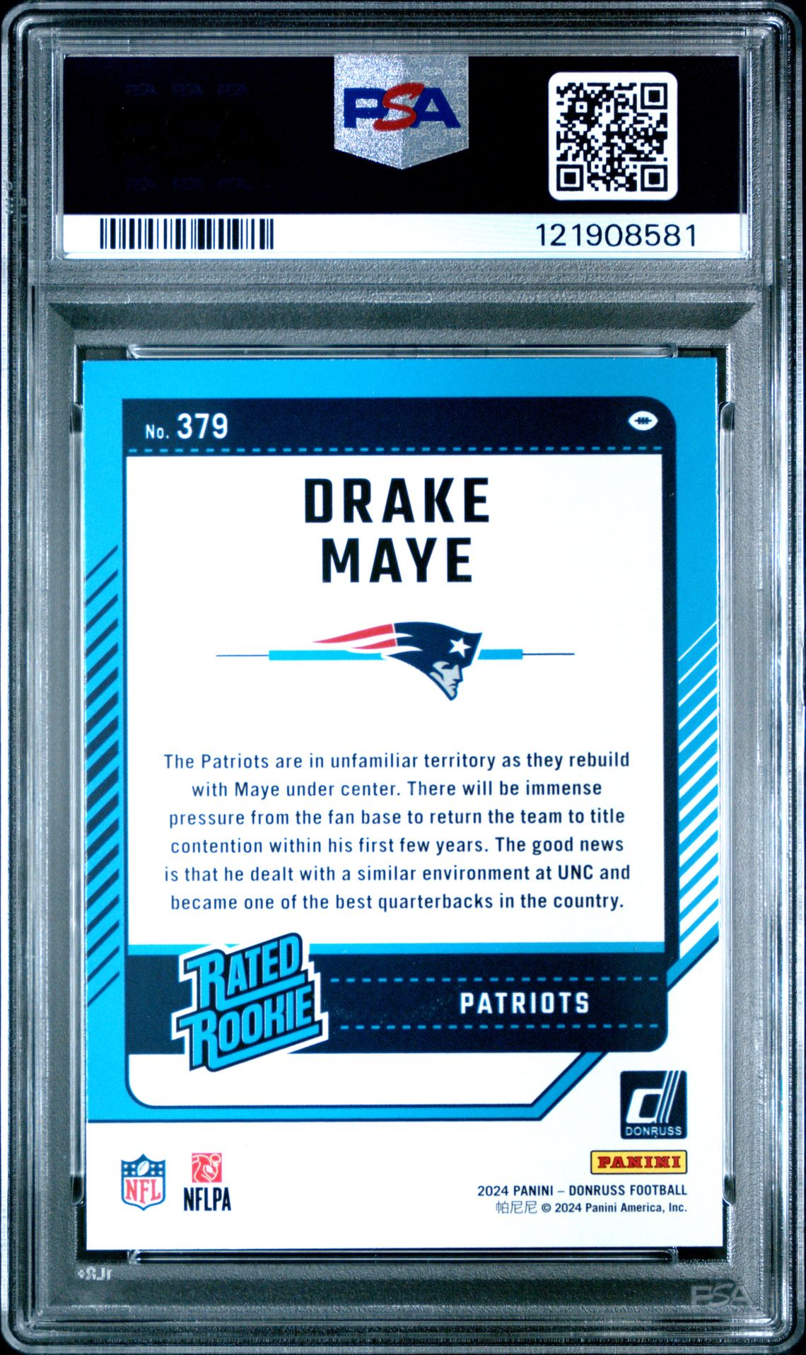 2024 Panini Donruss Drake Maye #379 (Press Proof Yellow) Gem Mt 10 back