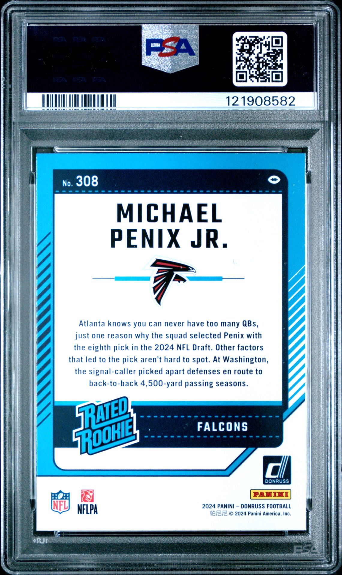 2024 Panini Donruss Michael Penix Jr. #308 (Press Proof Yellow) Gem Mt 10 back