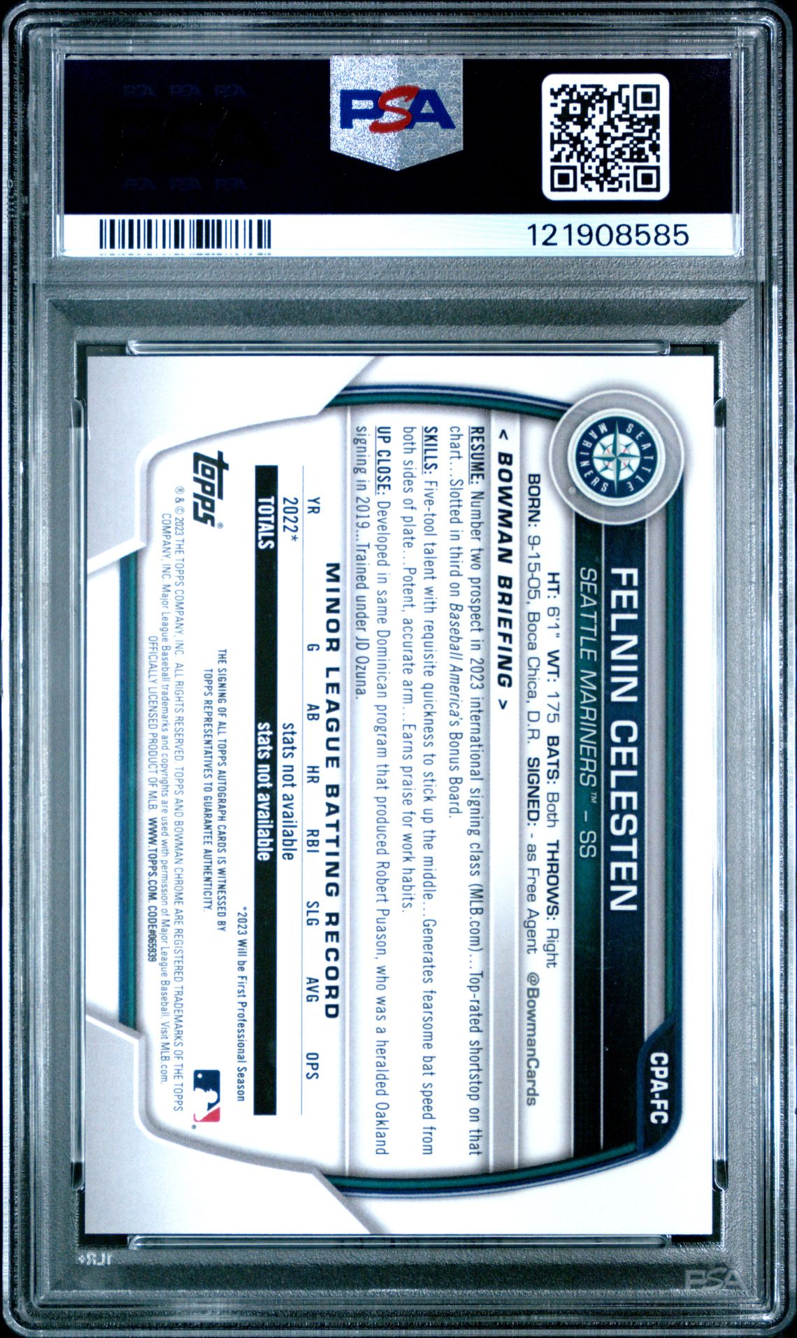 2023 Bowman Chrome Prospect Autographs Felnin Celesten #Cpafc (Prospect Autograph) Gem Mt 10 back