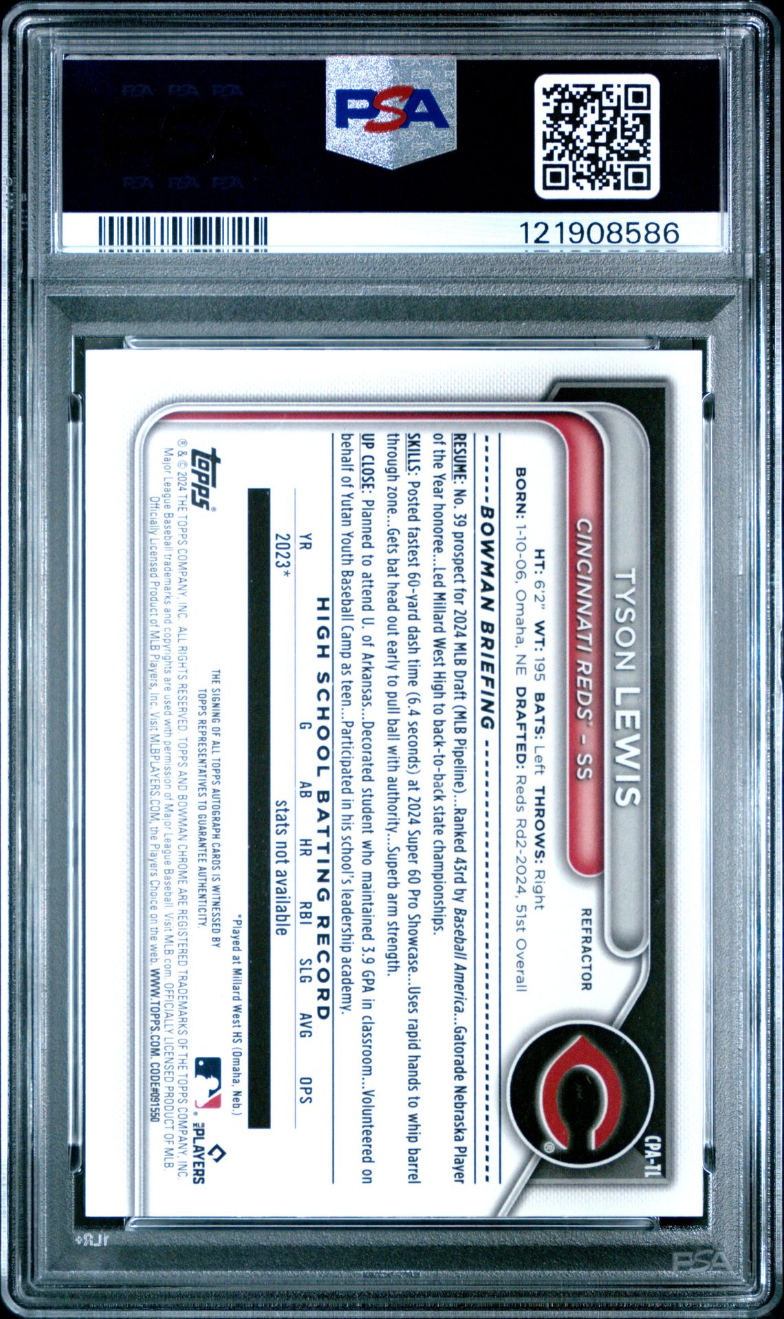 2024 Bowman Draft Chrome Prospect Autographs Tyson Lewis #Cpatl (Chr Prospect Au-Refractor) Mint 9 back