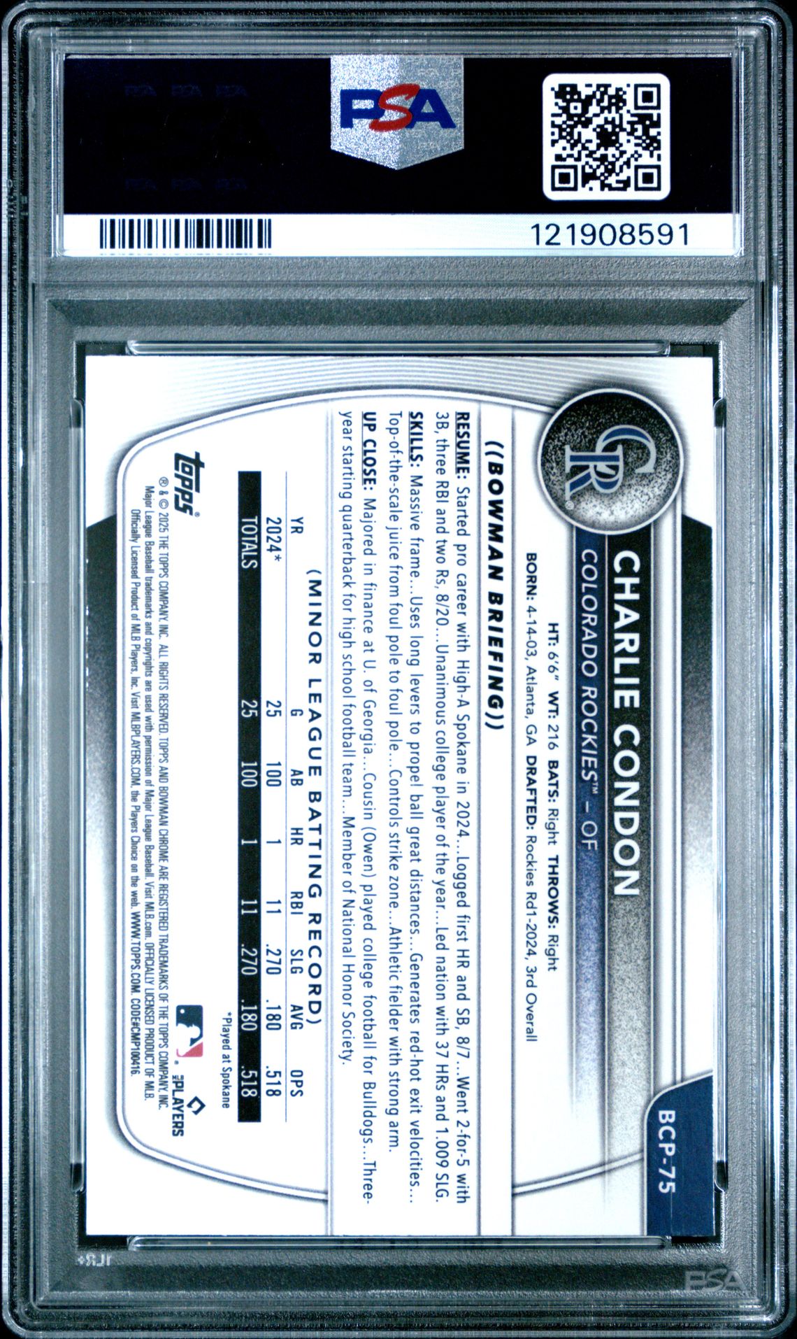 2025 Bowman Chrome Prospects Charlie Condon #Bcp75 (Chrome Pros-Wave Ref) Gem Mt 10 back