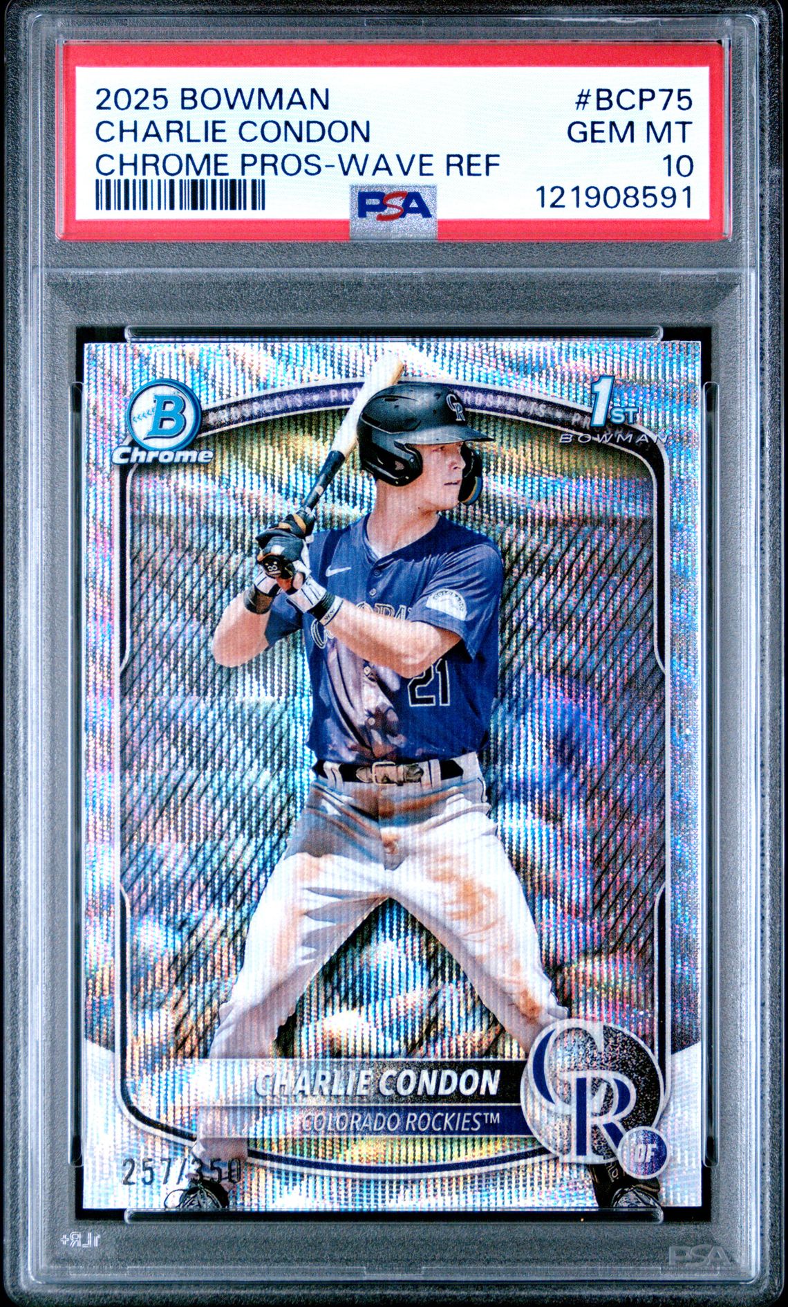 2025 Bowman Chrome Prospects Charlie Condon #Bcp75 (Chrome Pros-Wave Ref) Gem Mt 10 front