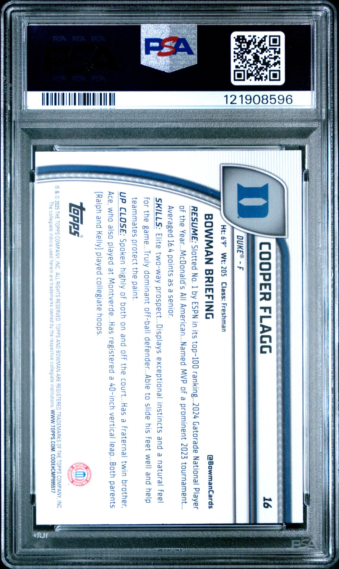 2024 Bowman Chrome University Cooper Flagg #16 (Black Wave) Gem Mt 10 back