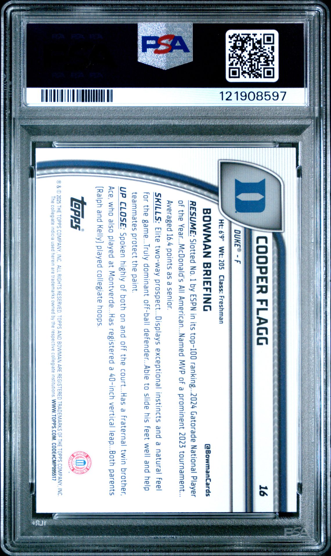 2024 Bowman Chrome University Cooper Flagg #16 (Black Wave) Gem Mt 10 back