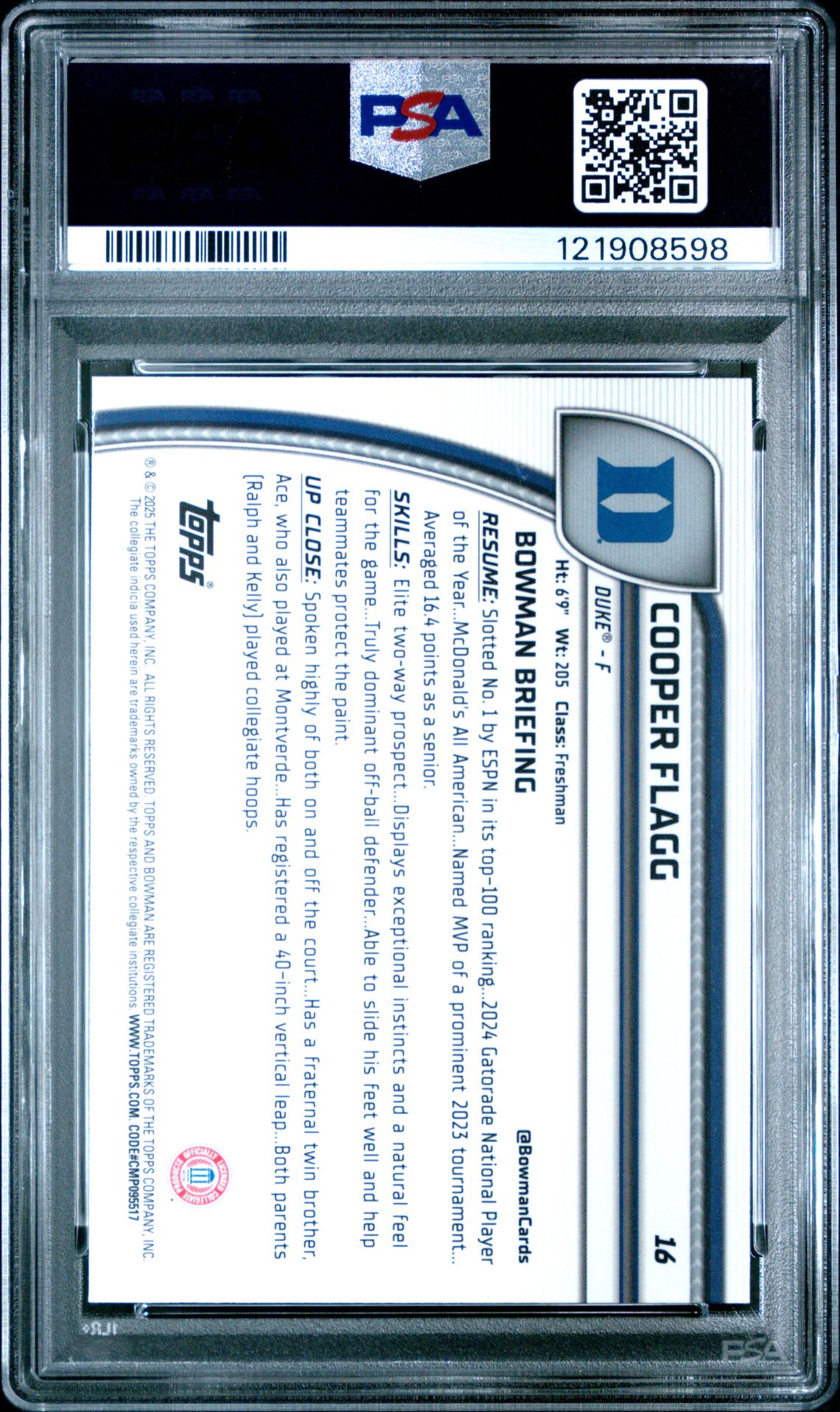 2024 Bowman Chrome University Cooper Flagg #16 (Black Wave) Mint 9 back