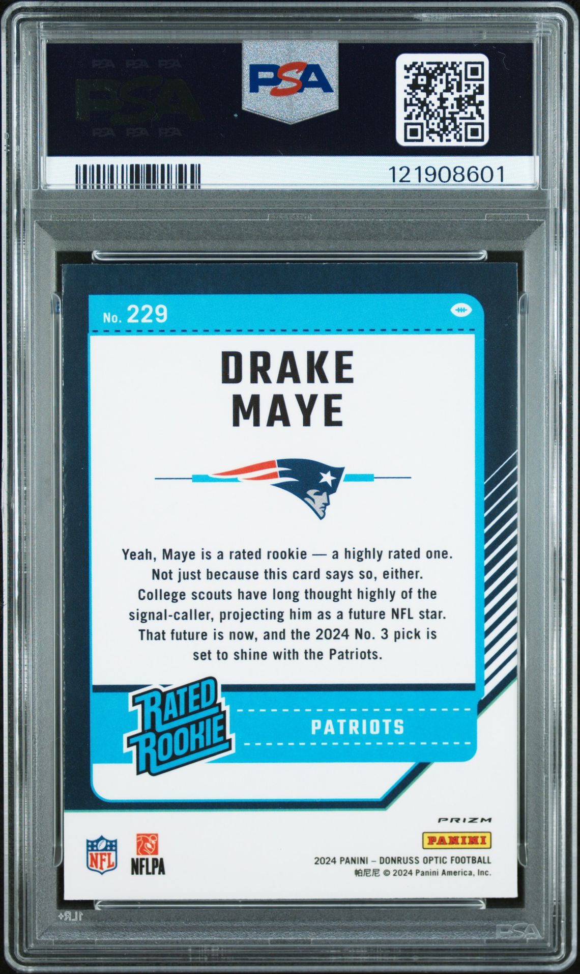 2024 Panini Donruss Optic Drake Maye #229 (Blue Hyper) Mint 9 back