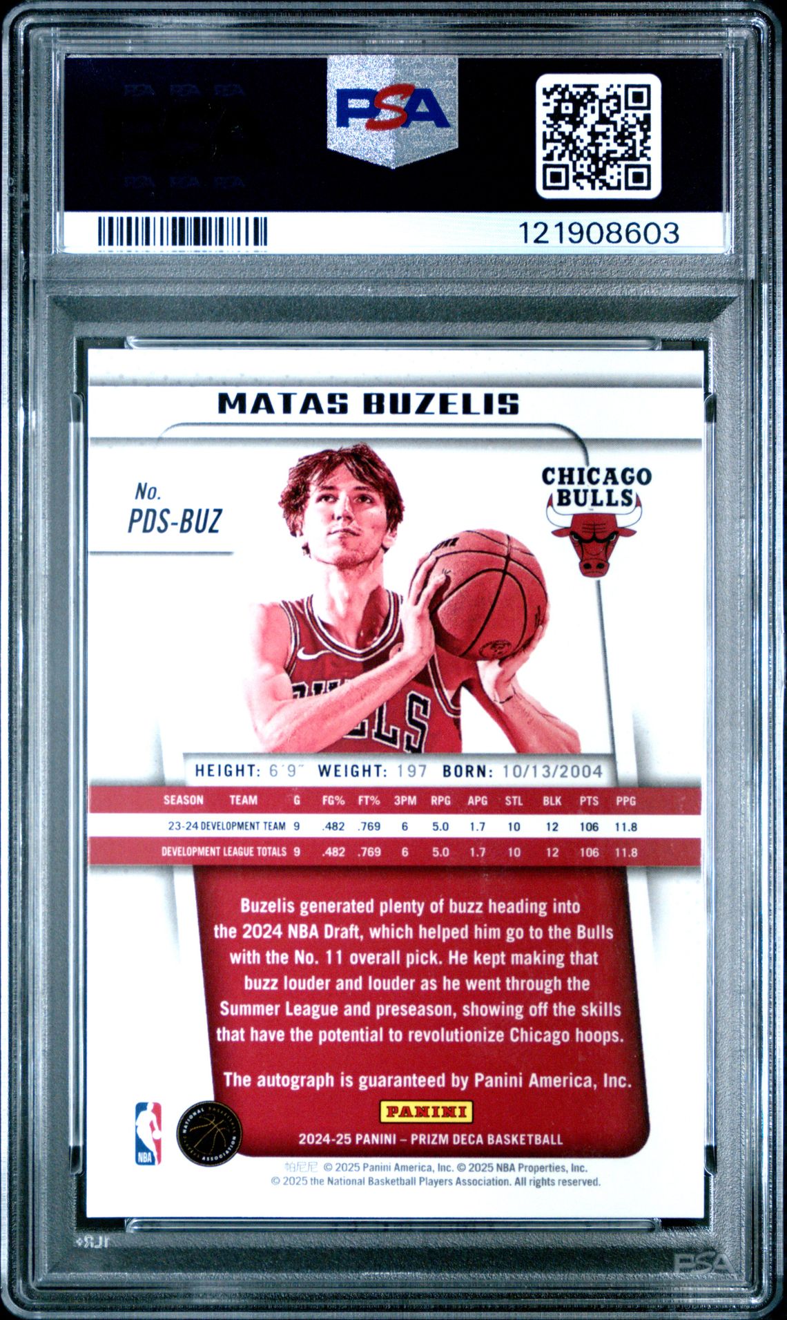 2024 Panini Prizm Deca Signatures Matas Buzelis #Pdsbuz Gem Mt 10 back