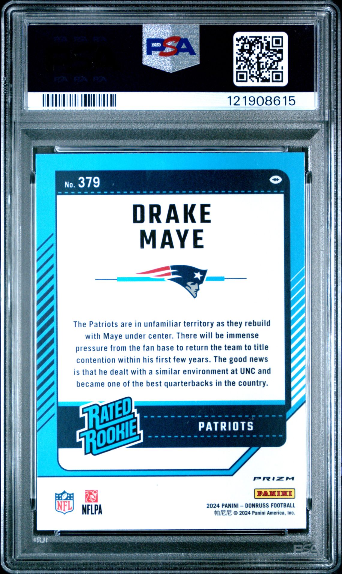 2024 Panini Donruss Drake Maye #379 (Optic Preview-Red & Green) Gem Mt 10 back