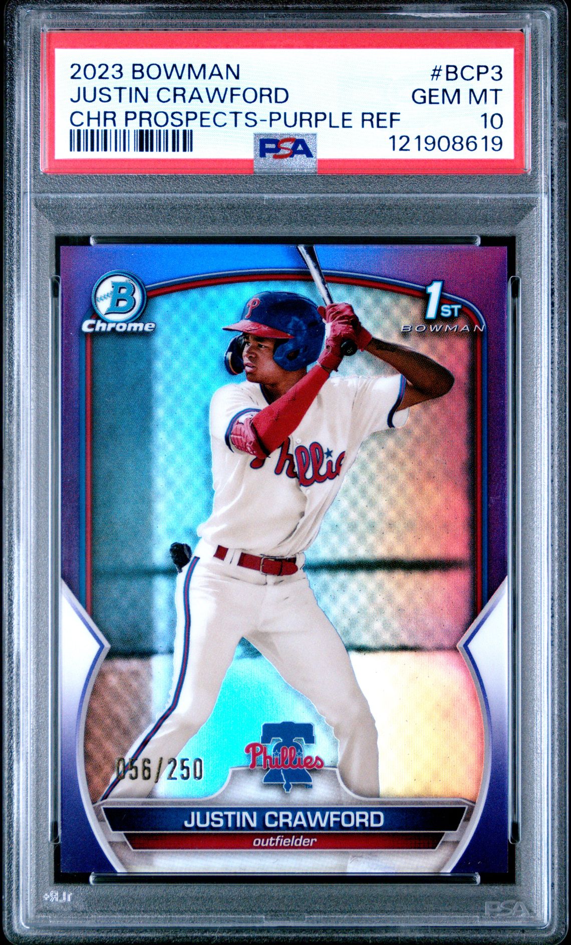 2023 Bowman Chrome Prospects Justin Crawford #Bcp3 (Chr Prospects-Purple Ref) Gem Mt 10 front