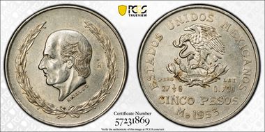 1953-Mo 5 Peso Hidalgo KM-467 Ag AU55
