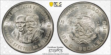 1960-Mo 10 Peso 150th Anniversary KM-476  Ag MS63