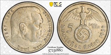 1936-A 5 Mk Swastika J-367 AU53