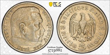 1936-A 5 Mk No Swastika J-360 AU50