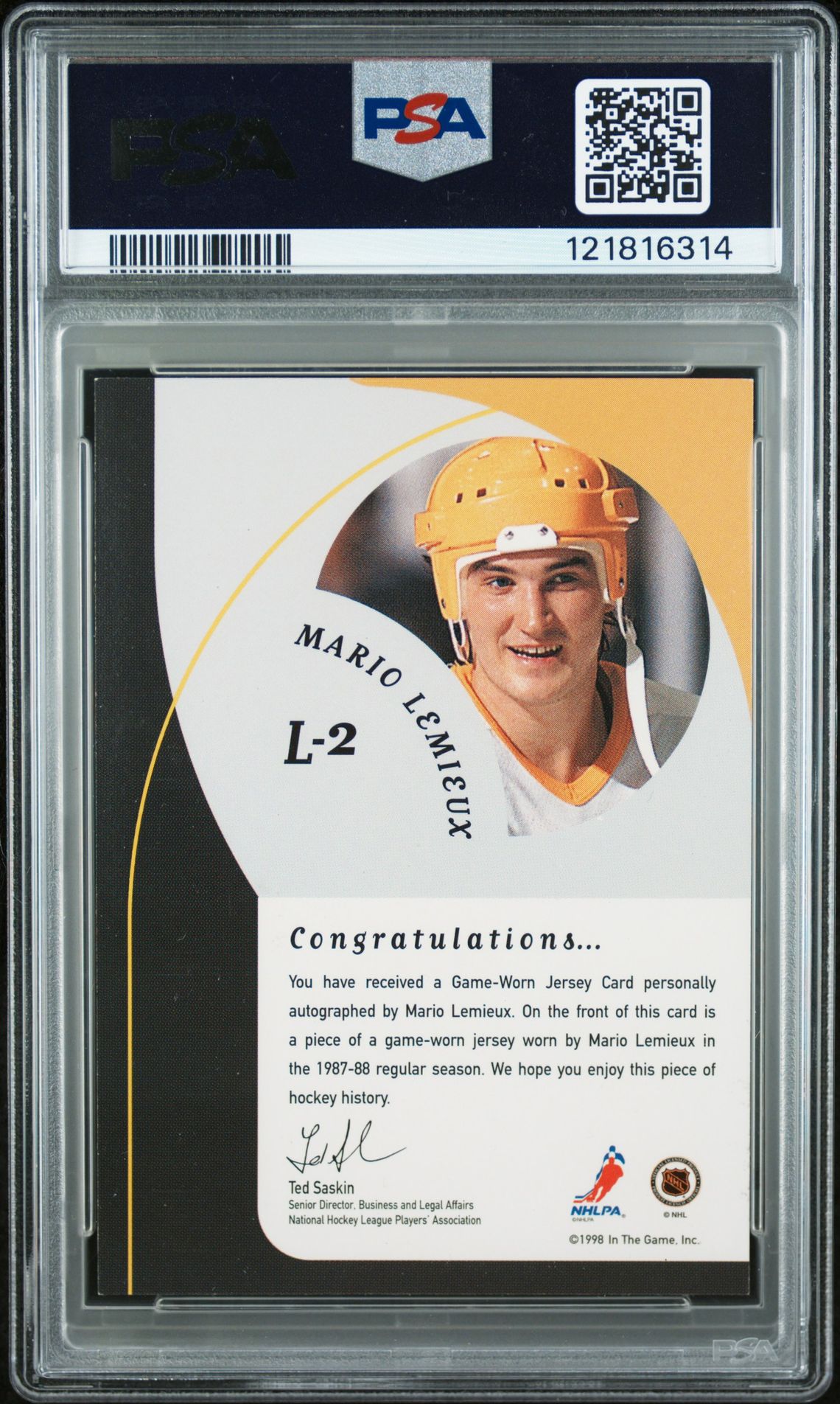 1998 Bap Playoff Legend Lemieux Mario Lemieux #L-2 (Jersey-Autograph) N0: Authentic back