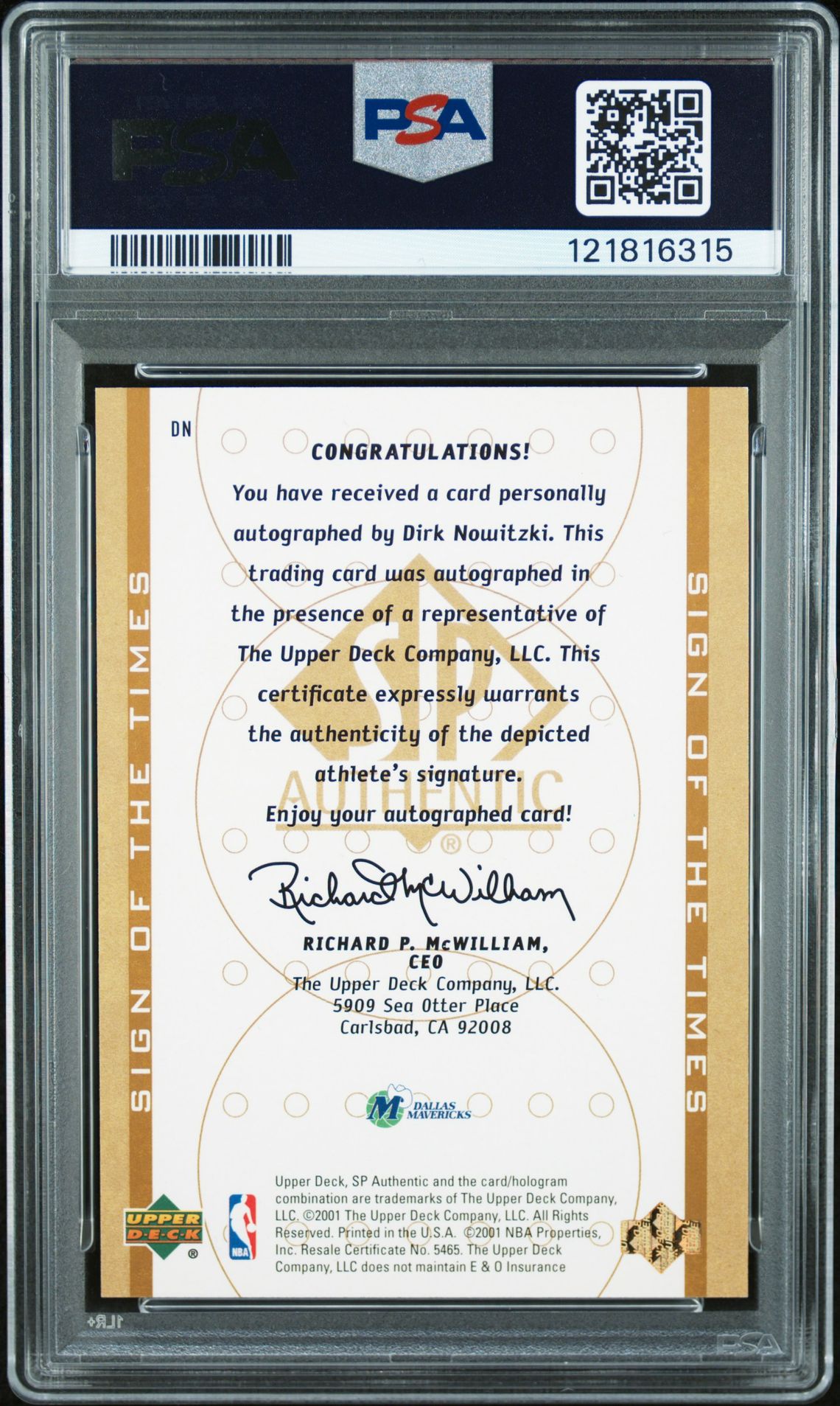 2000 Sp Authentic Sign Of The Times Dirk Nowitzki #Dn (Sign Of The Times) N0: Authentic back