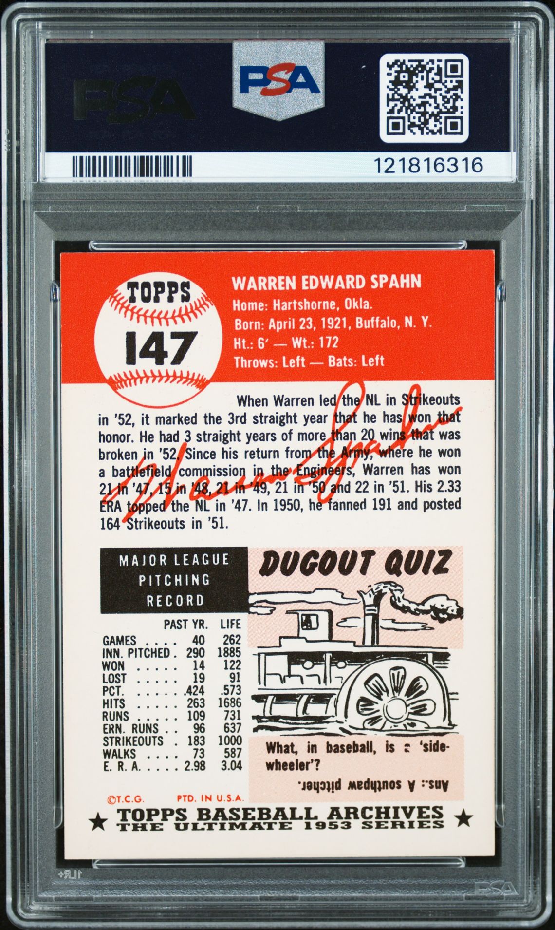 1991 Topps Archives 1953 Reprint Warren Spahn #147 (1953 Reprint) N0: Authentic back