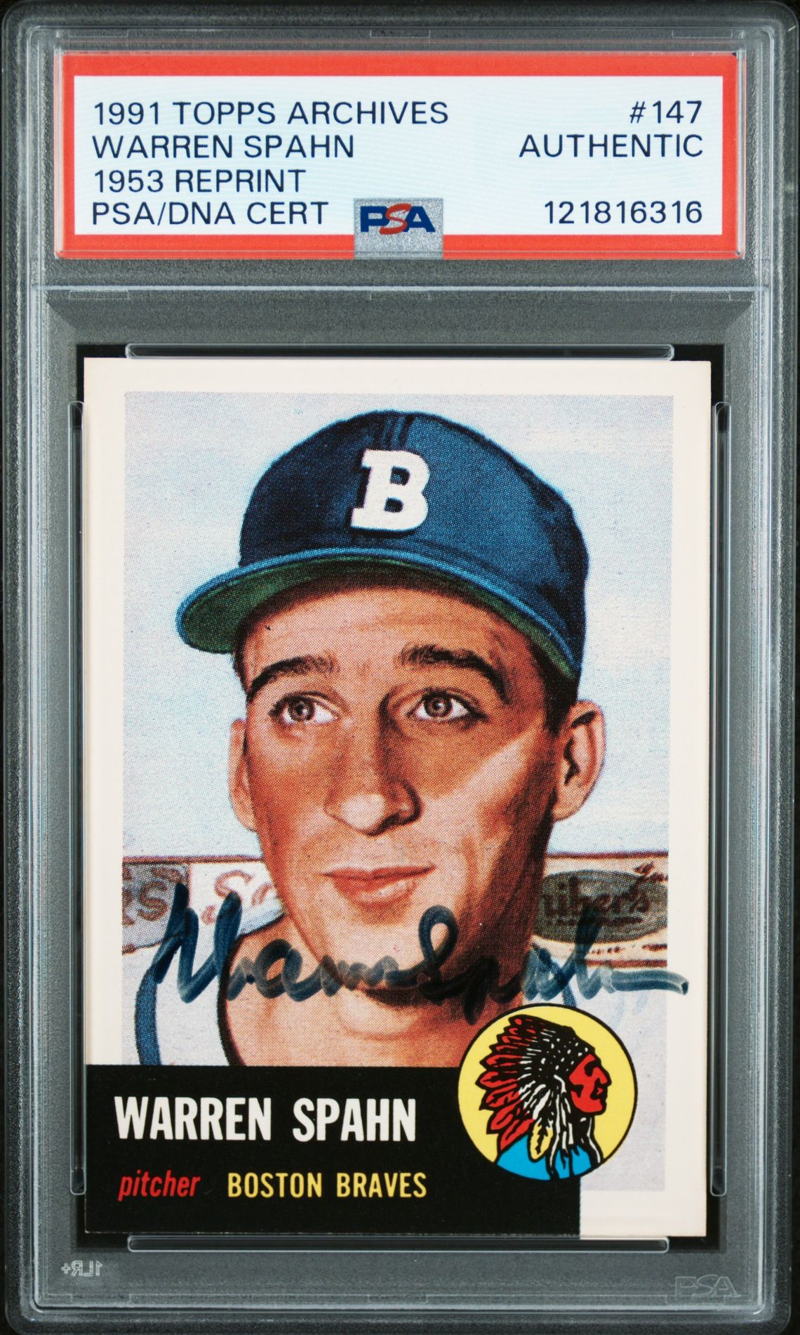 1991 Topps Archives 1953 Reprint Warren Spahn #147 (1953 Reprint) N0: Authentic front