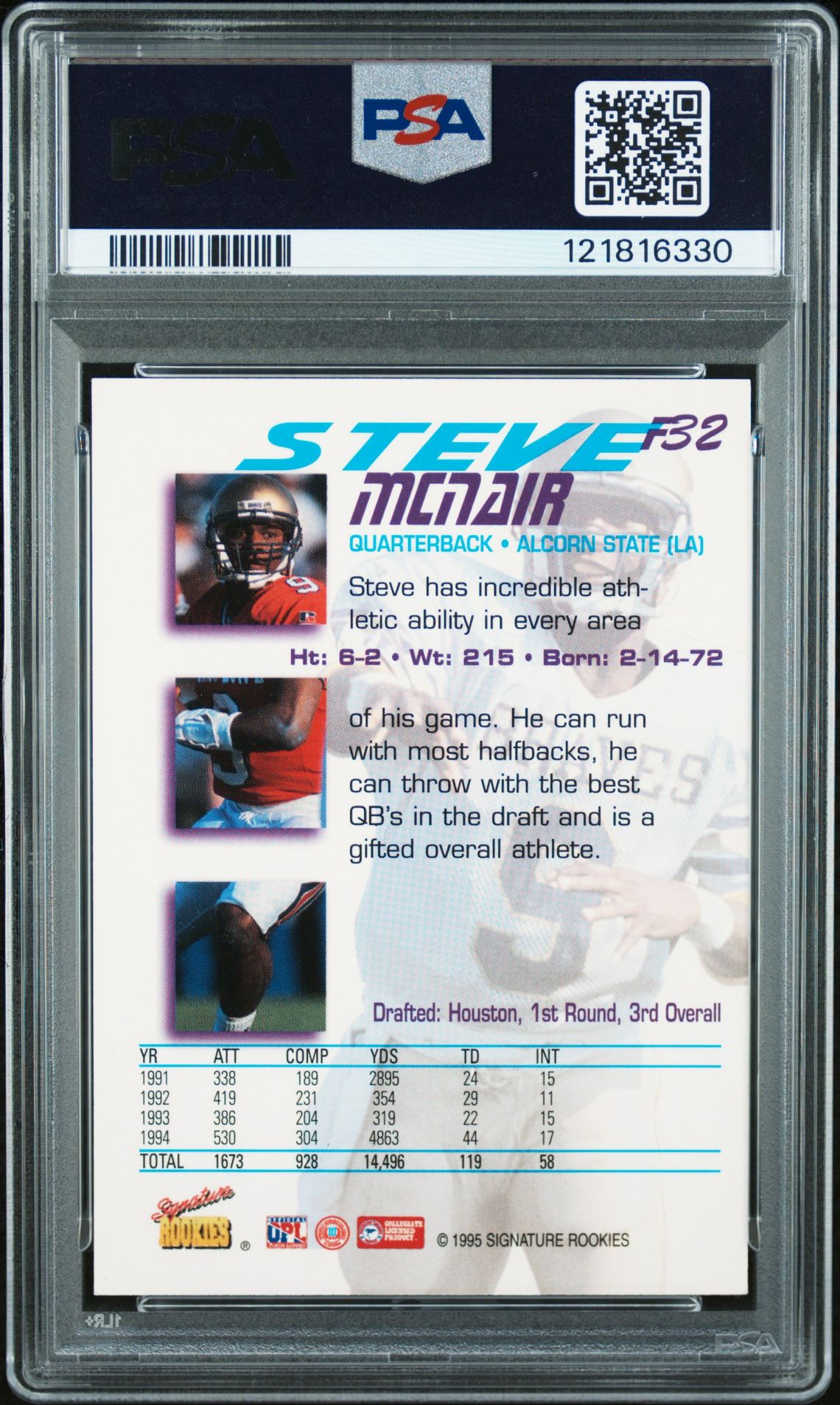 1995 Signature Rookies Tetrad Sr Force Steve Mcnair #F32 (Tetrad Sr Force-Au.) N0: Authentic back