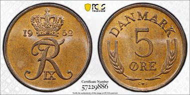 1962 CS 5 Øre KM-848.1 Bronze MS64BN