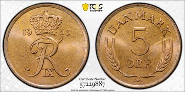 1963 CS 5 Øre KM-848.1 Bronze MS65RB