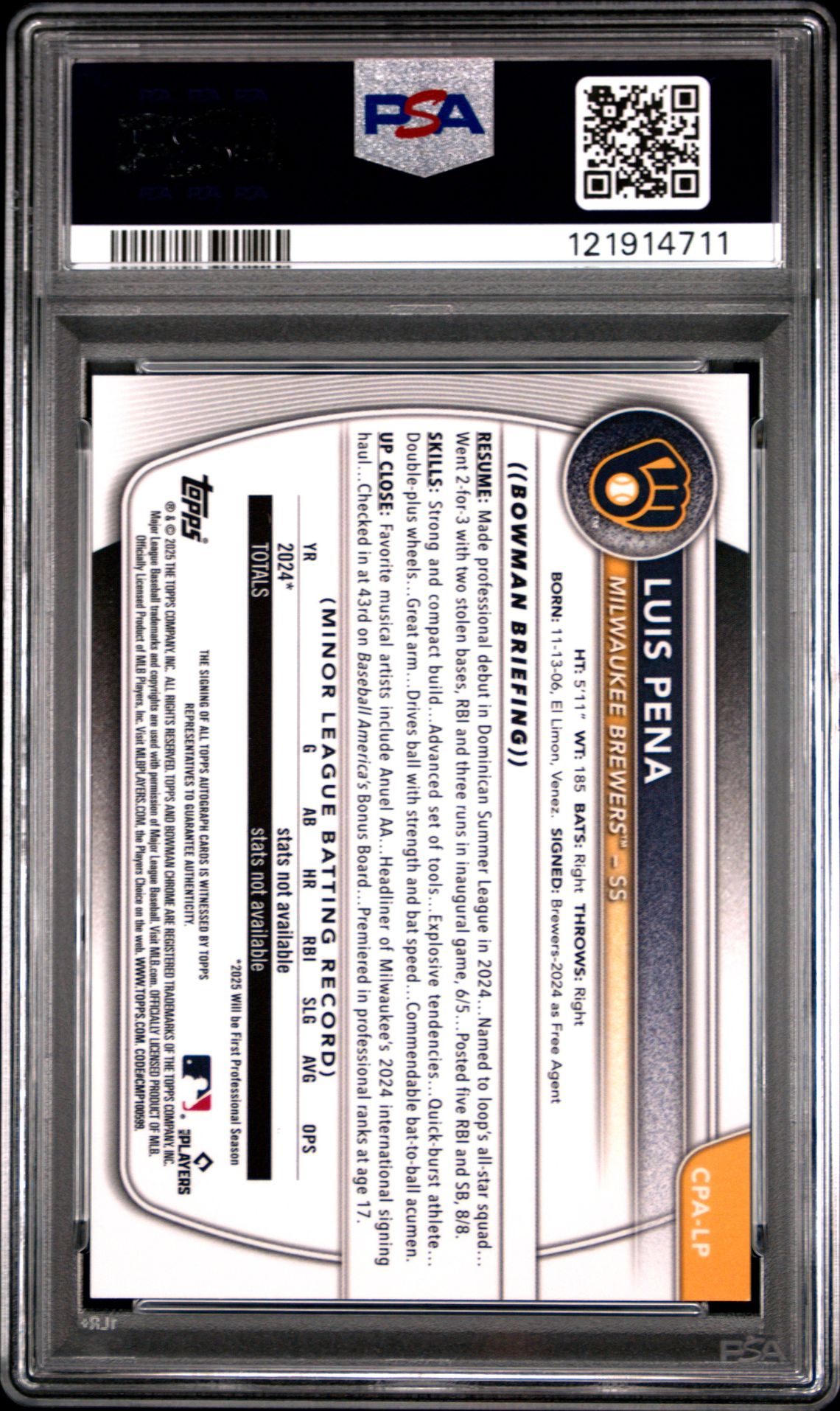 2025 Bowman Chrome Prospect Autographs Luis Pena #Cpalp Mint 9 back
