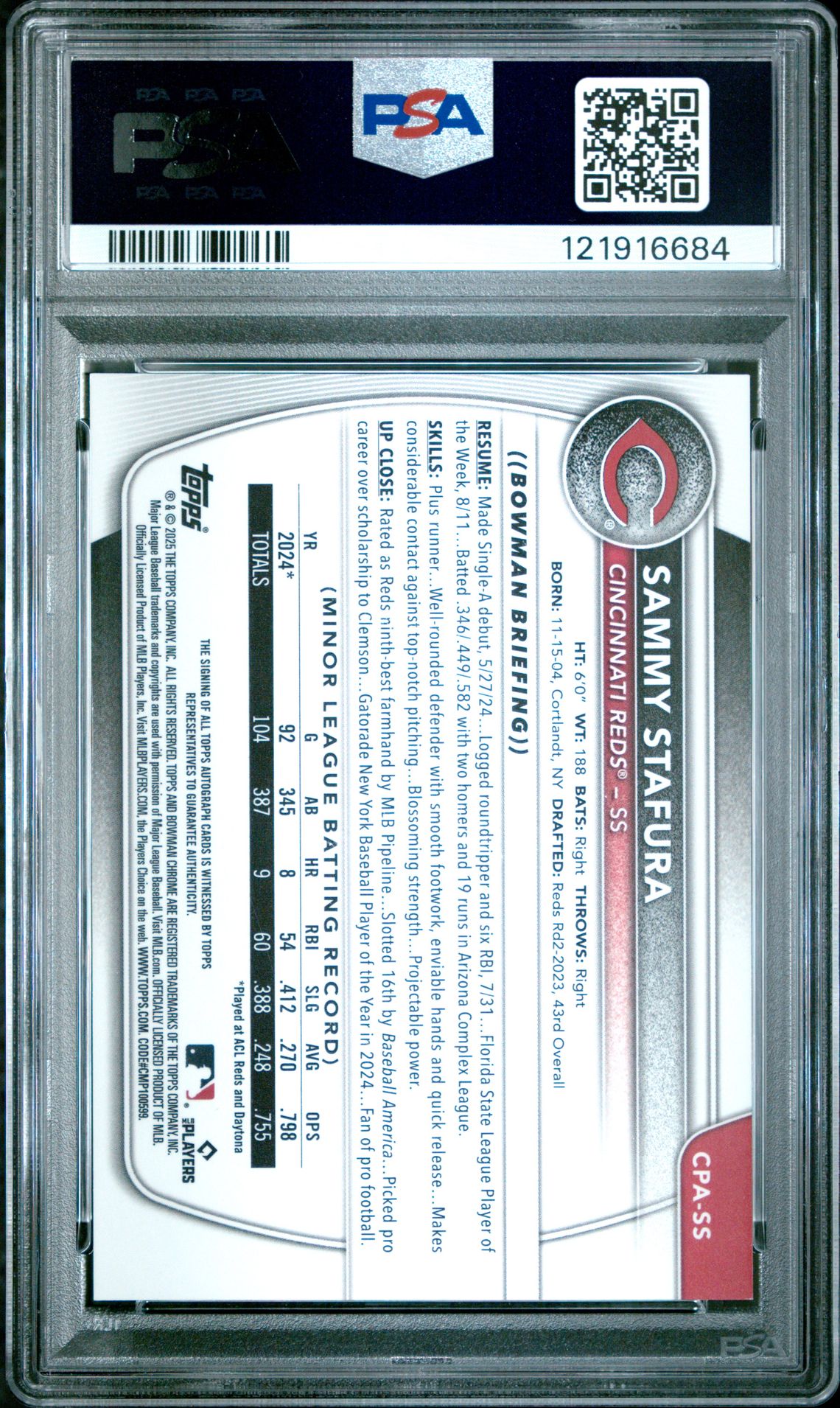 2025 Bowman Chrome Prospect Autographs Sammy Stafura #Cpass (Chrome Pros Au-Green Grass) Mint 9 back