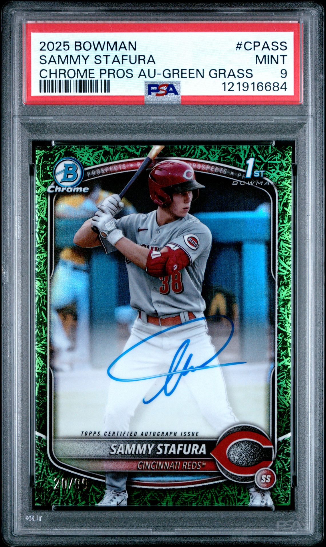 2025 Bowman Chrome Prospect Autographs Sammy Stafura #Cpass (Chrome Pros Au-Green Grass) Mint 9 front