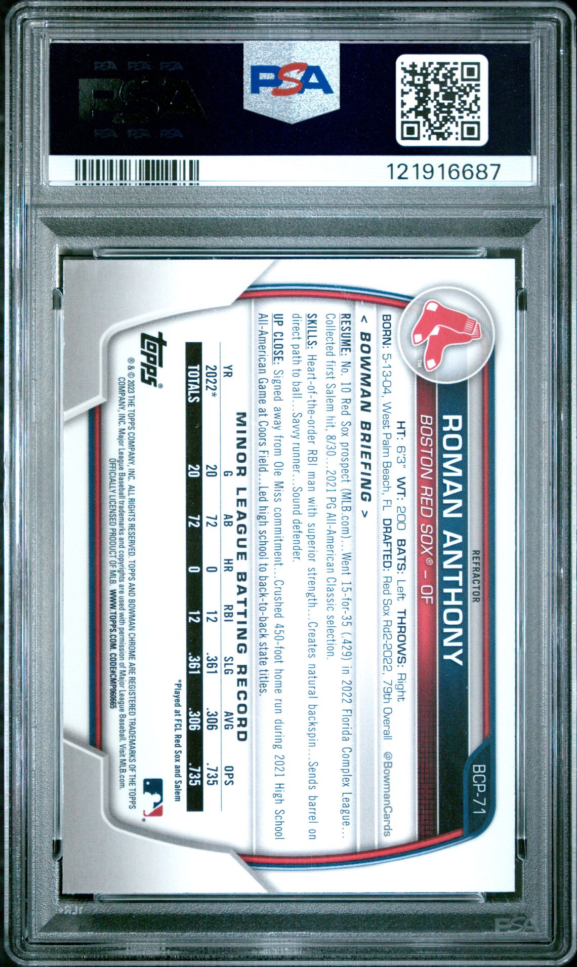2023 Bowman Chrome Prospects Roman Anthony #Bcp71 (Chr Pros-Lunar Glow Ref) Mint 9 back