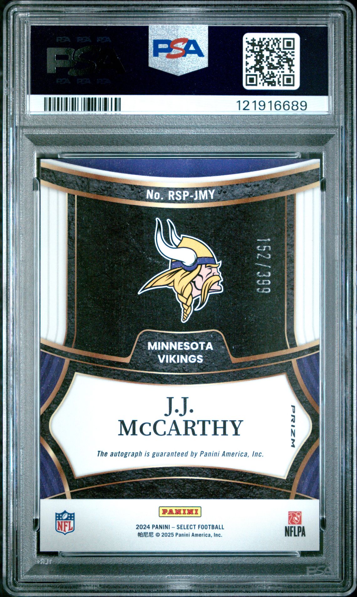 2024 Panini Select Rookie Signatures Jj Mccarthy #Rspjmy Gem Mt 10 back