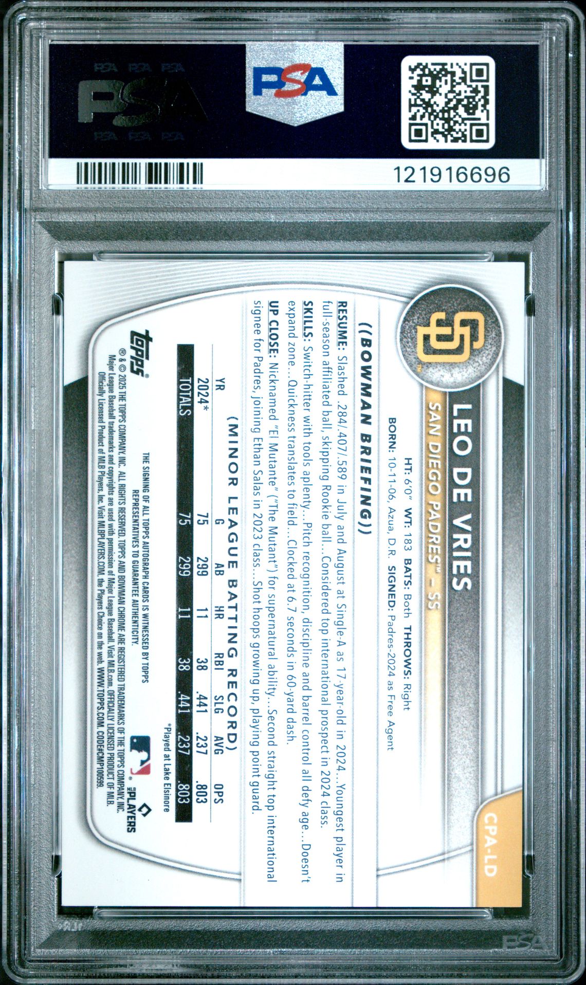 2025 Bowman Chrome Prospect Autographs Leo De Vries #Cpald (Chr Pros Au-Hta Choice Ref) Mint 9 back