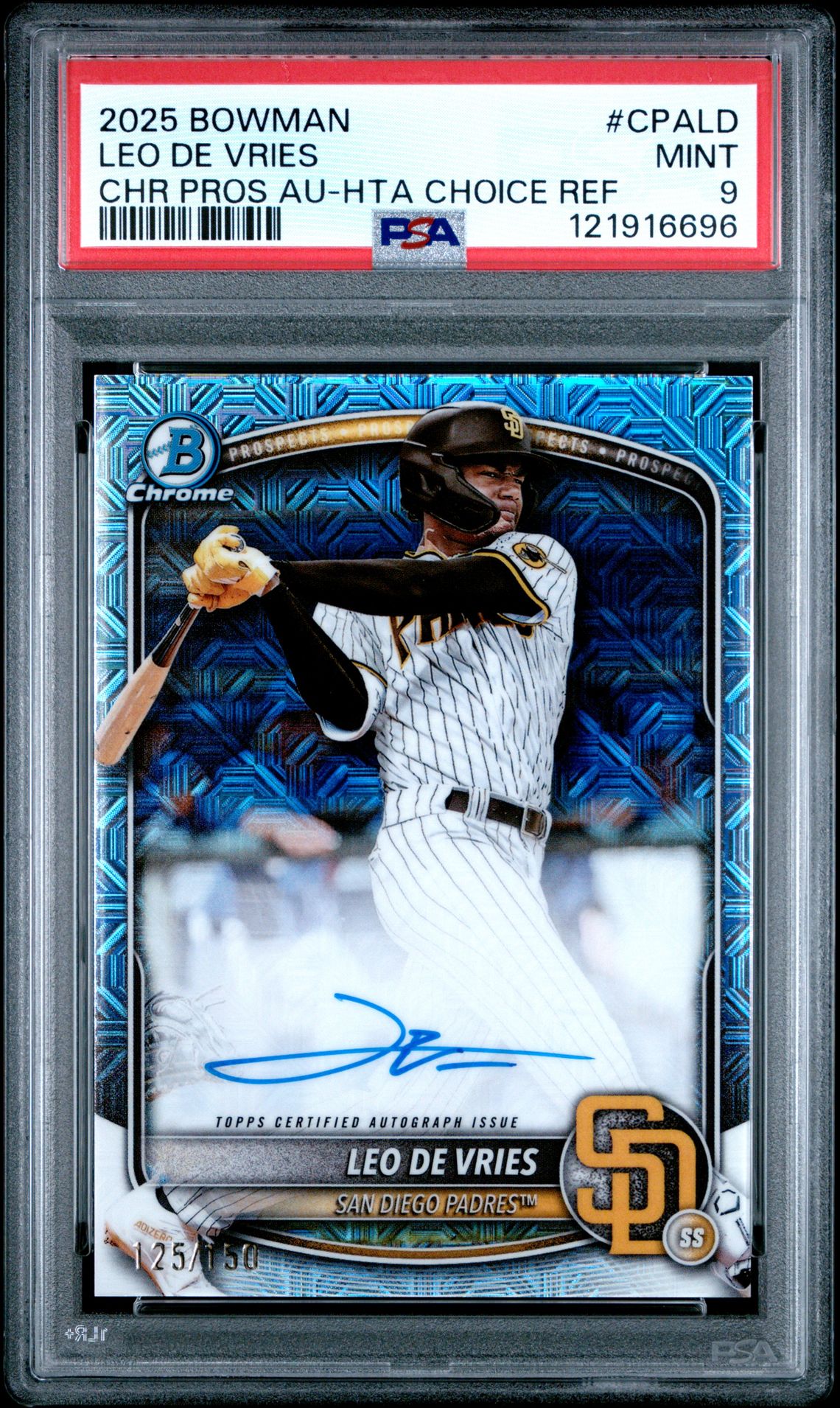 2025 Bowman Chrome Prospect Autographs Leo De Vries #Cpald (Chr Pros Au-Hta Choice Ref) Mint 9 front