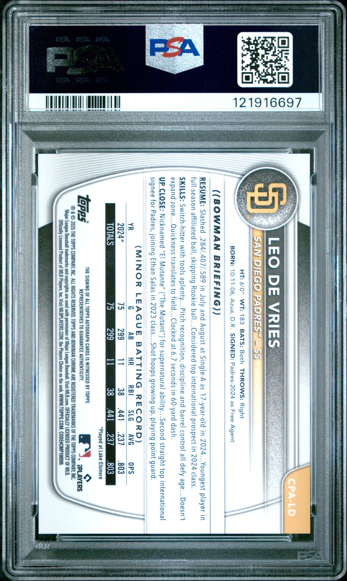 2025 Bowman Chrome Prospect Autographs Leo De Vries #Cpald Mint 9 back