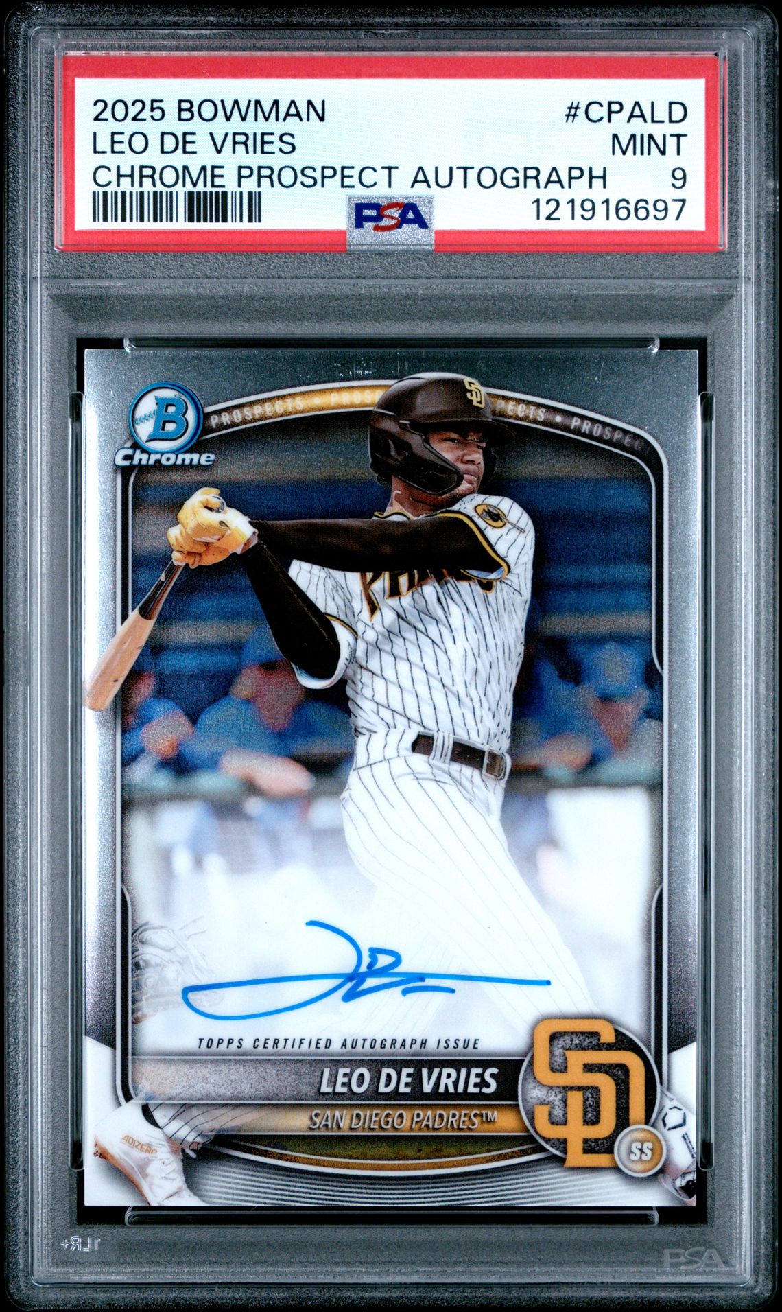 2025 Bowman Chrome Prospect Autographs Leo De Vries #Cpald Mint 9 front