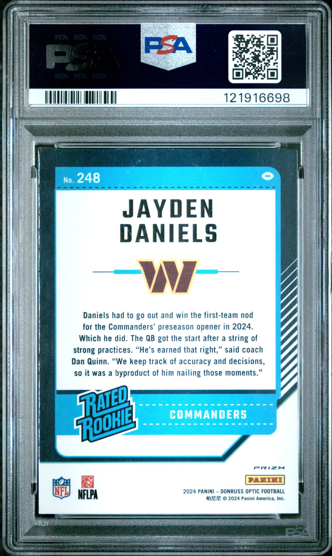 2024 Panini Donruss Optic Jayden Daniels #248 (Green Hyper) Gem Mt 10 back view - PSA certificate #121916698