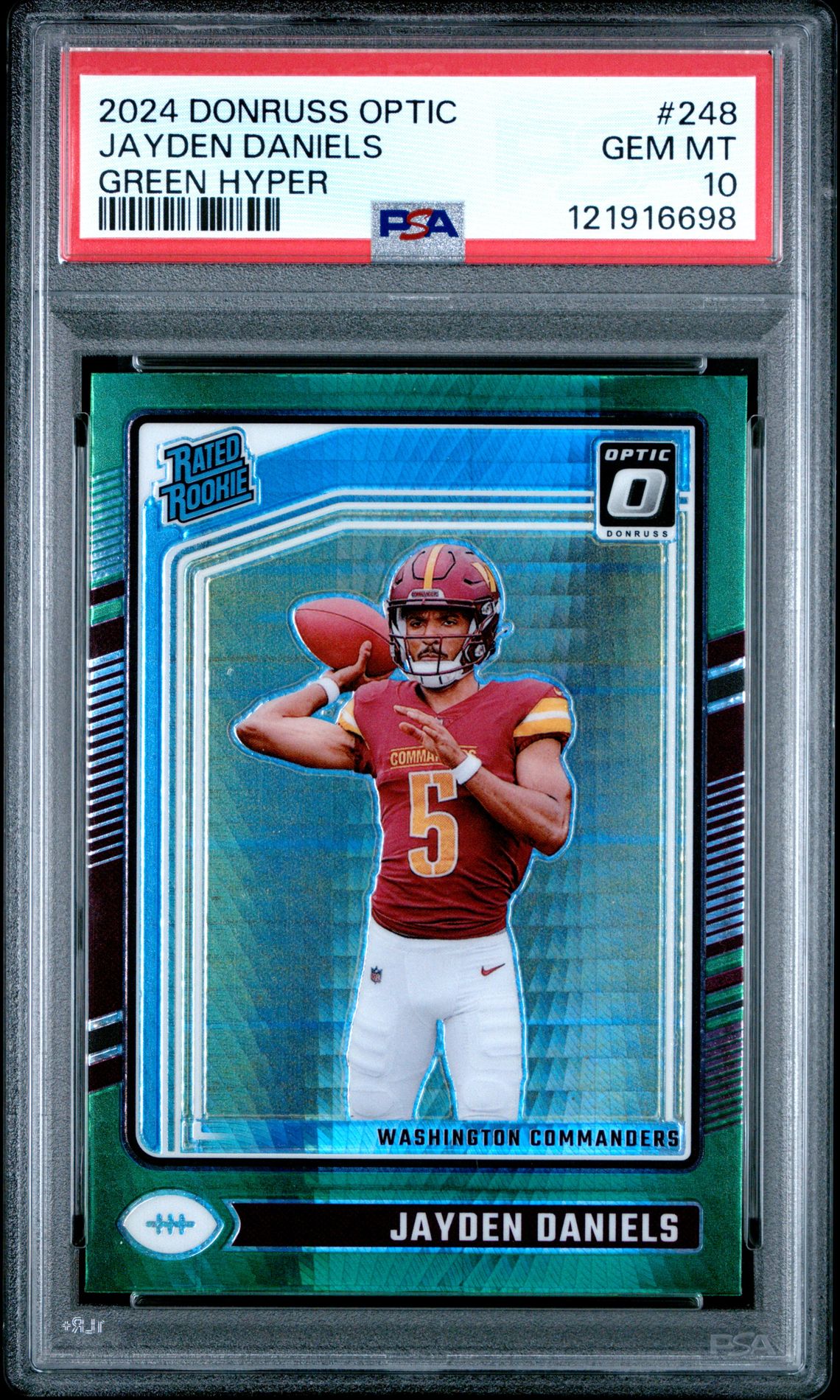 2024 Panini Donruss Optic Jayden Daniels #248 (Green Hyper) Gem Mt 10 front view - PSA graded GEM MT 10