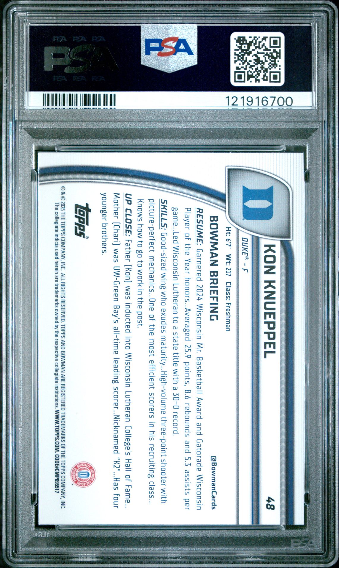 2024 Bowman Chrome University Kon Knueppel #48 (Black Wave) Gem Mt 10 back
