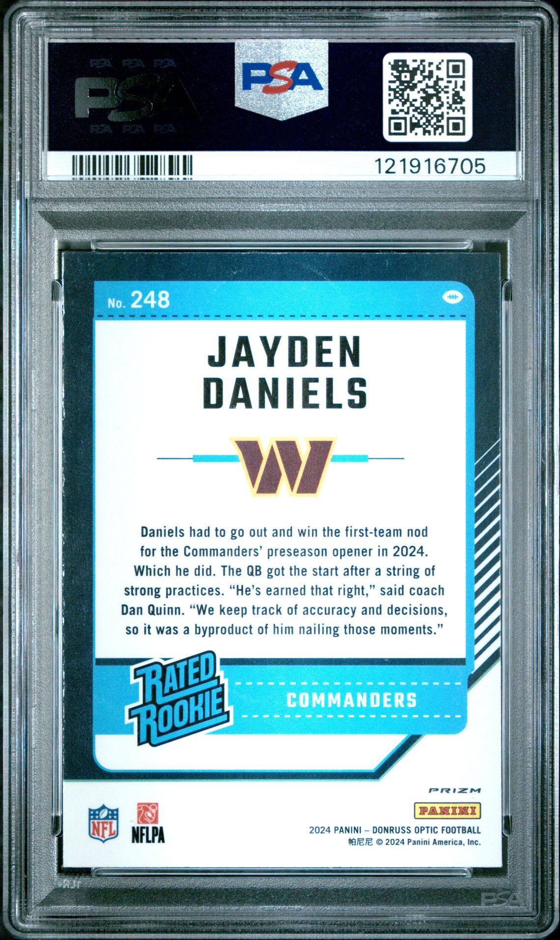 2024 Panini Donruss Optic Jayden Daniels #248 (Blue Hyper) Mint 9 back